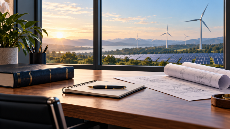 Energy project plans on a lawyer's desk overlooking wind turbines and solar panels