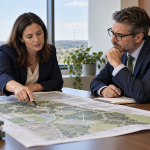 Two legal professionals comparing energy project plans during a naming and positioning discussion