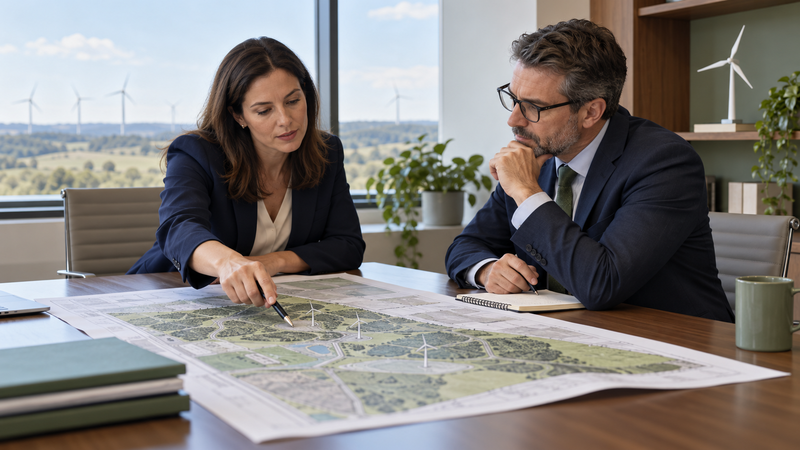 Two legal professionals comparing energy project plans during a naming and positioning discussion