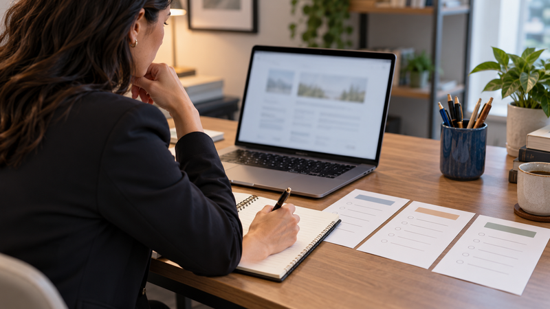 A professional reviewing a name shortlist beside a laptop and a reference notebook