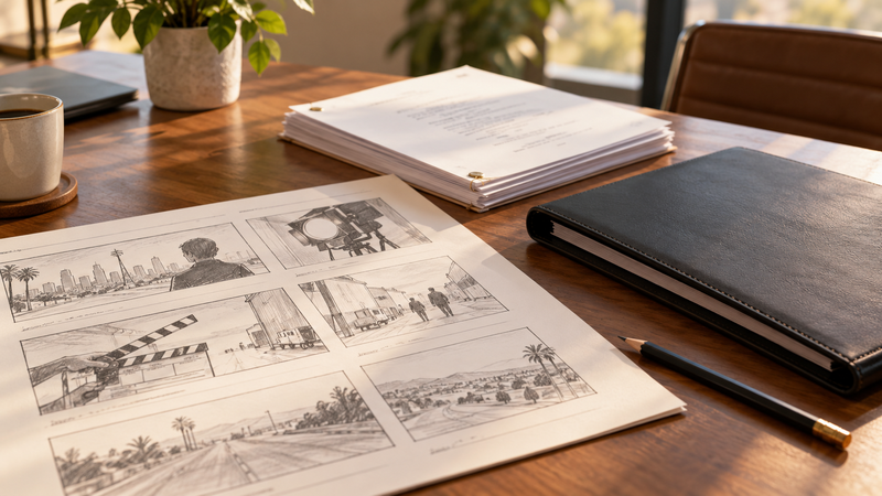 Film storyboard, screenplay pages and a closed legal folder on a meeting table