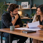 Two people reviewing papers beside an acoustic guitar in a small meeting room