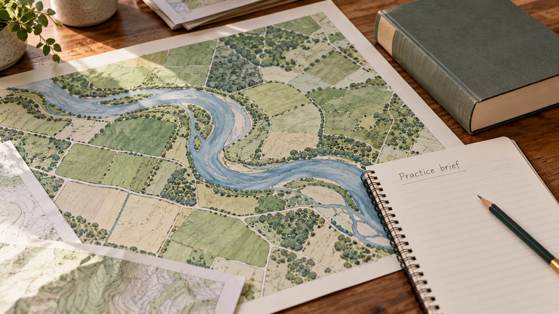 A desk with a river and land-parcel planning map, a plain legal reference book and a handwritten practice brief