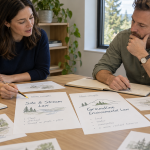 Two adult founders discussing handwritten environmental law firm name concepts around a meeting table