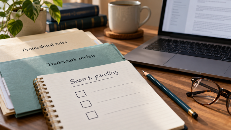 A shortlist notebook marked search pending beside a laptop and separate professional-rule and trademark review folders