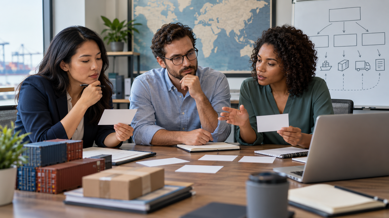Professional team comparing name directions for an export compliance service