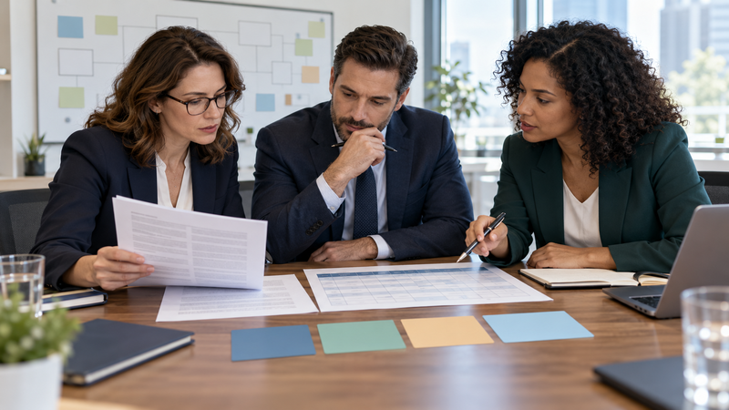 Insurance-law team mapping policyholder, insurer, regulatory, and reinsurance matters on a planning board