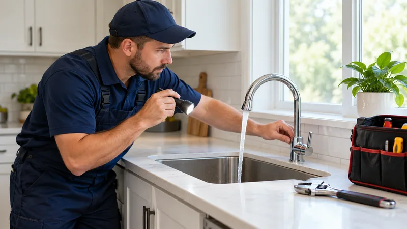 Plumber checking kitchen faucet water flow with a flashlight beside a tool bag