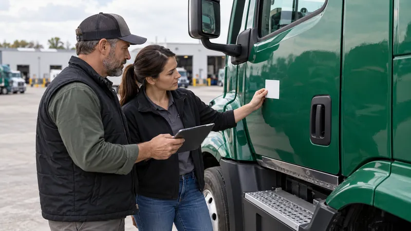 Trucking founders checking a plain decal sample against a green truck cab