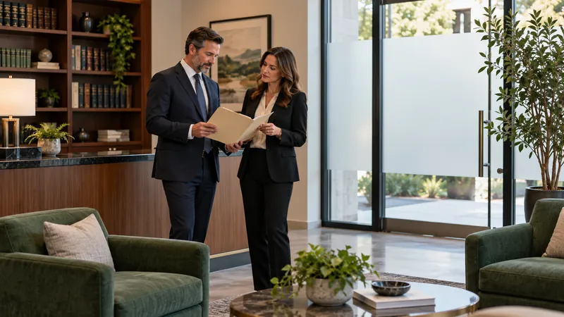 Law firm partners reviewing a folder in a welcoming office reception