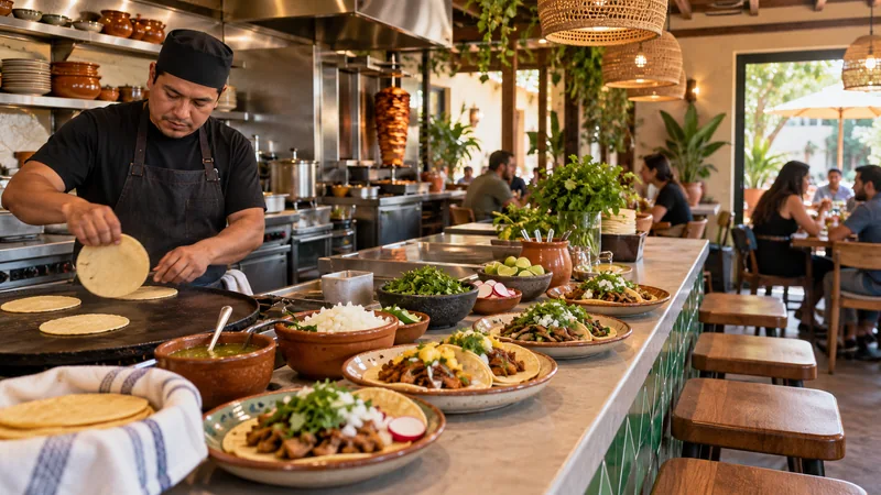 Cook preparing tortillas in a Mexican taqueria with tacos on the counter