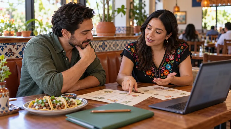 Restaurant founder and branding reviewer discussing menu mockups in a booth