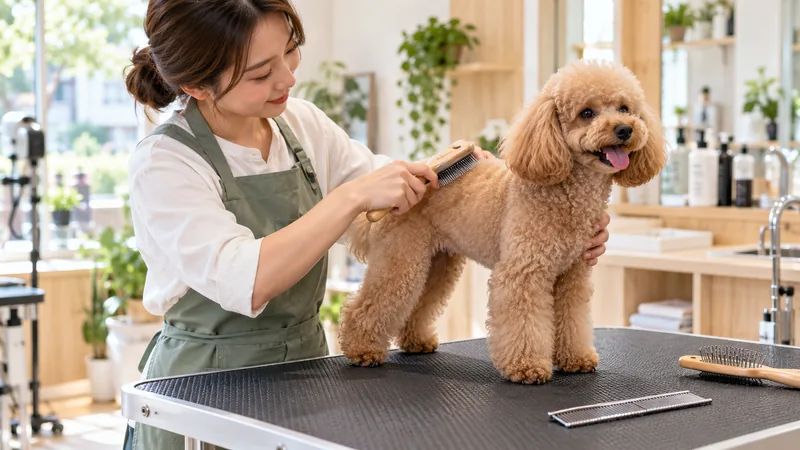 Groomer gently brushing a poodle in a bright salon