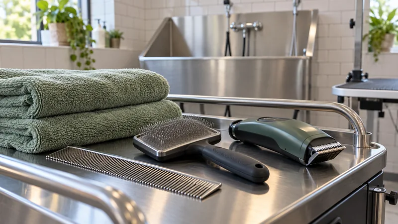 Grooming comb, slicker brush and clipper beside green towels
