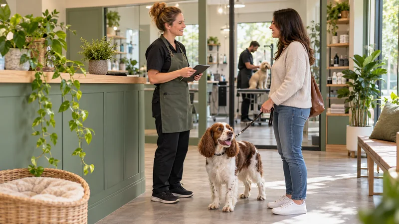 Groomer welcoming a customer and spaniel at salon reception