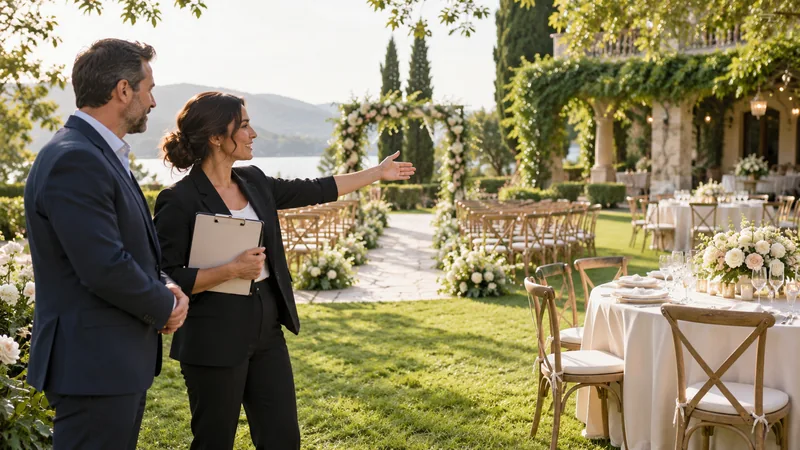 Event planner and venue manager reviewing a garden reception venue