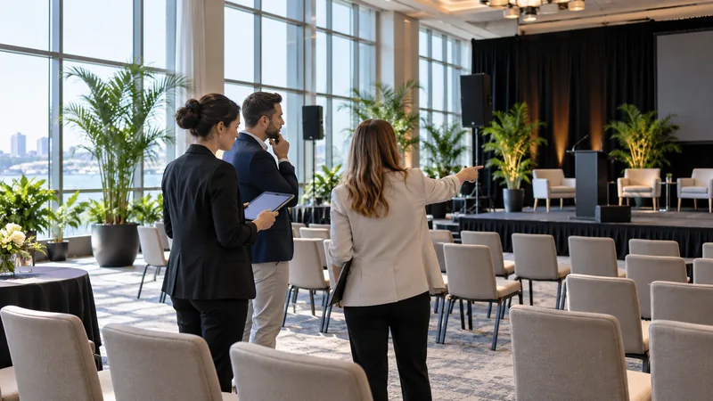 Planning team checking an indoor corporate event venue and stage