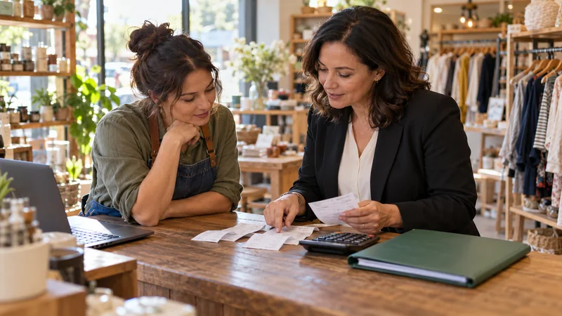 Bookkeeper reviewing receipts with a small retail shop owner