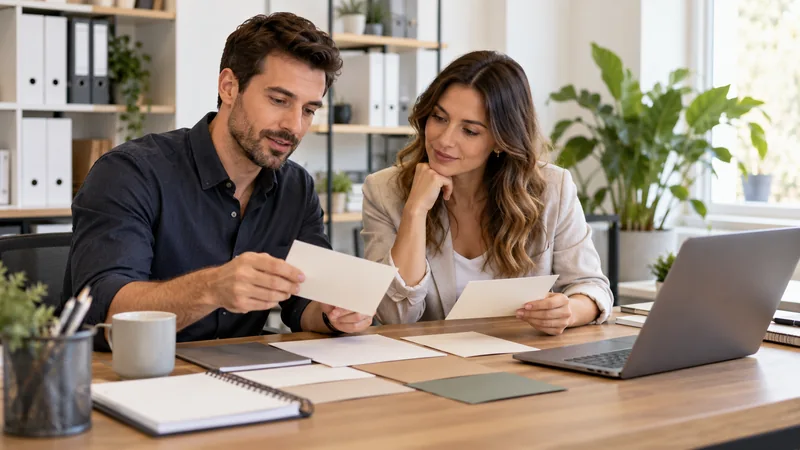 Bookkeeping founders reviewing stationery samples and a laptop in their office