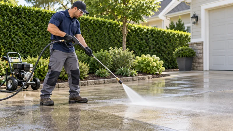 Technician pressure washing a concrete driveway with eye protection