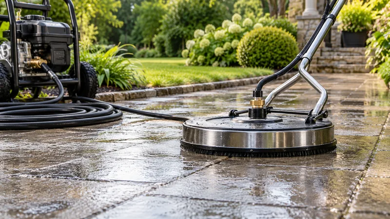 Rotary surface cleaner and pressure washer beside a wet paved path