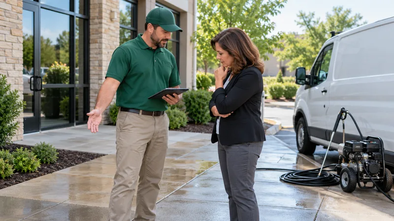 Pressure washing business owner discussing a commercial entryway with a property manager