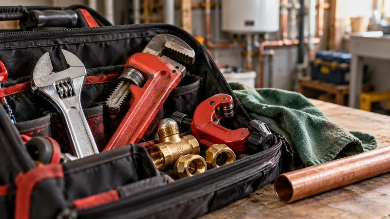 Pipe wrench, adjustable wrench, pipe cutter and brass fittings in a plumber's tool bag
