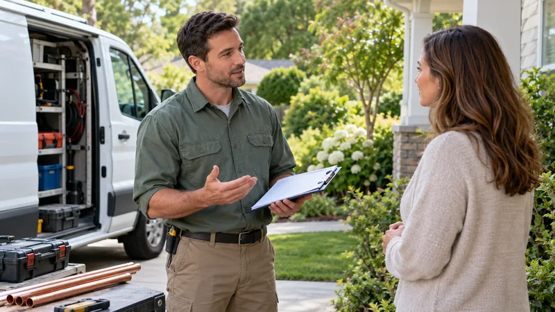 Plumber discussing residential service with a homeowner beside a service van