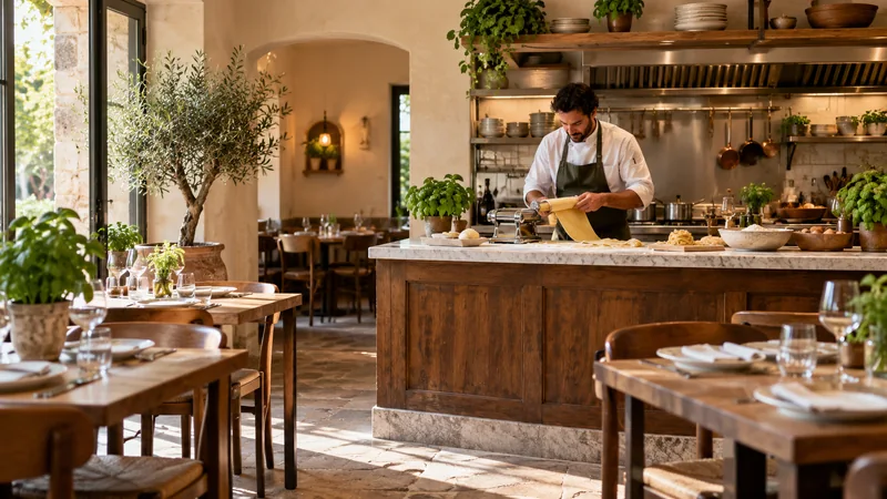 Chef preparing fresh pasta in the open kitchen of an Italian trattoria