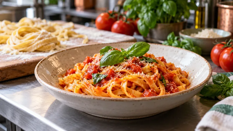 Tagliatelle with tomato sauce and basil beside fresh pasta and tomatoes