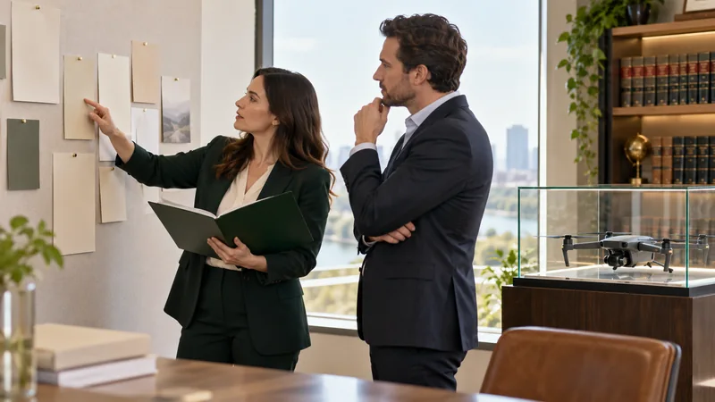 Law firm founders reviewing stationery samples with a drone display nearby