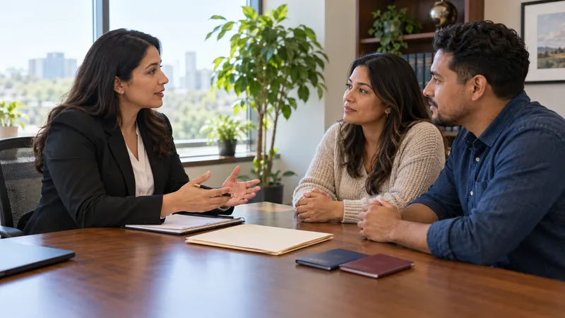 Immigration lawyer discussing documents with a couple in a legal office