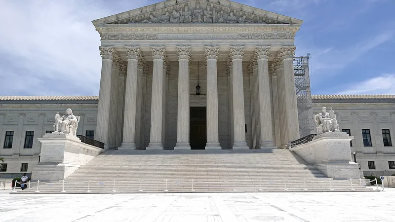 The columned facade of a courthouse