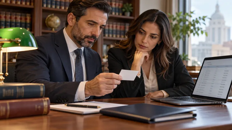 Law partners reviewing a business-card sample and laptop search beside a passport folder