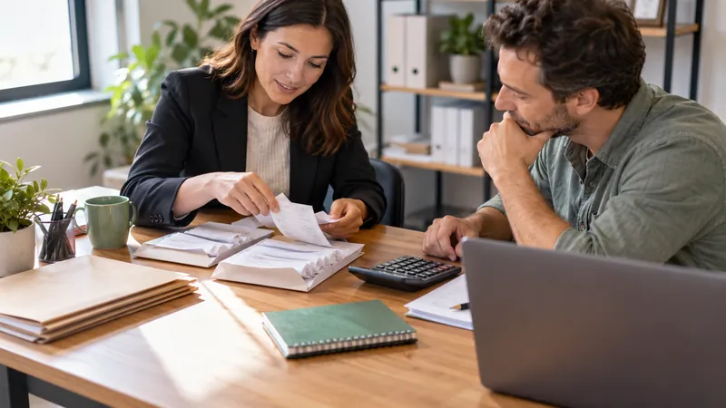 Tax adviser reviewing business receipts with a client beside a calculator