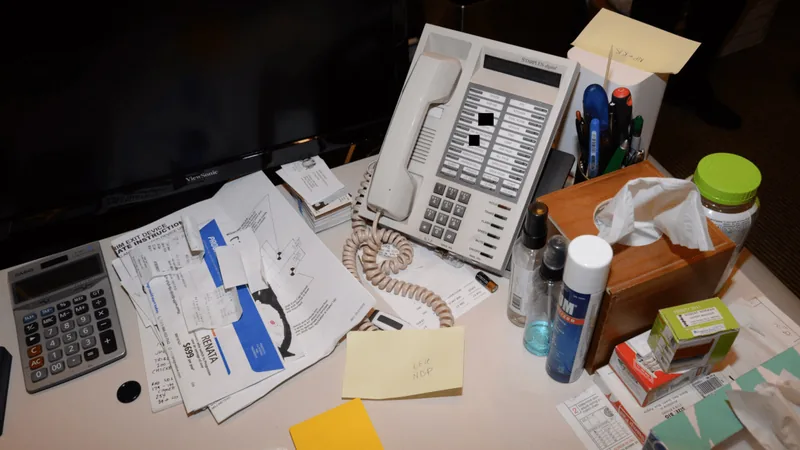 Office desk with computers, telephone equipment and documents