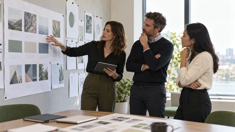 Consulting team comparing service portfolio and proposal cover samples in a workshop