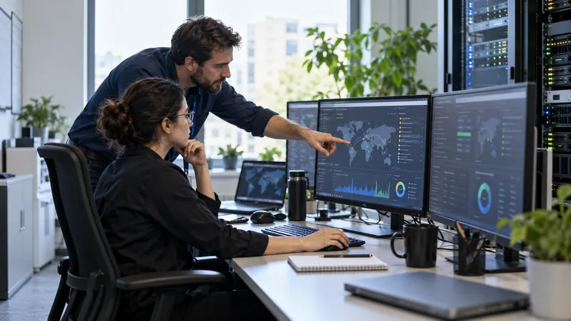 Cybersecurity analysts reviewing network status monitors beside server racks