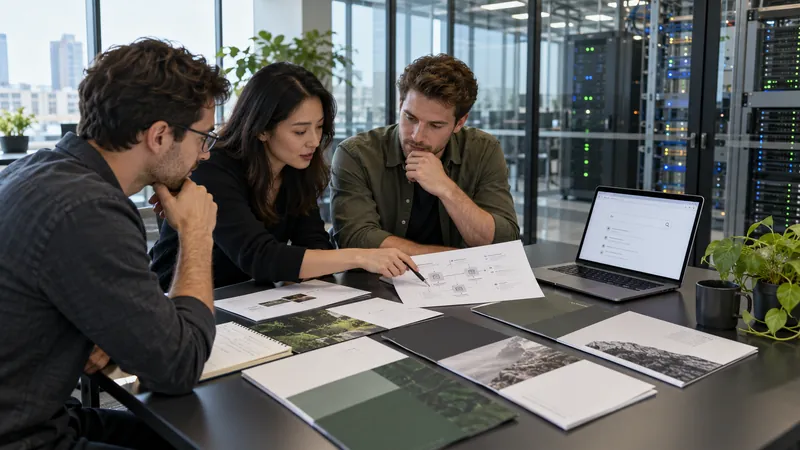 Cybersecurity founders reviewing proposal covers and a laptop search near server racks
