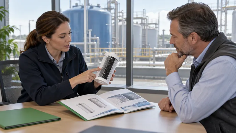 Water treatment engineer discussing a filter cartridge and service brochure with a client