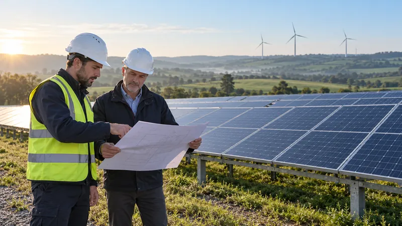 Renewable energy engineer and facility owner reviewing a site plan beside solar panels
