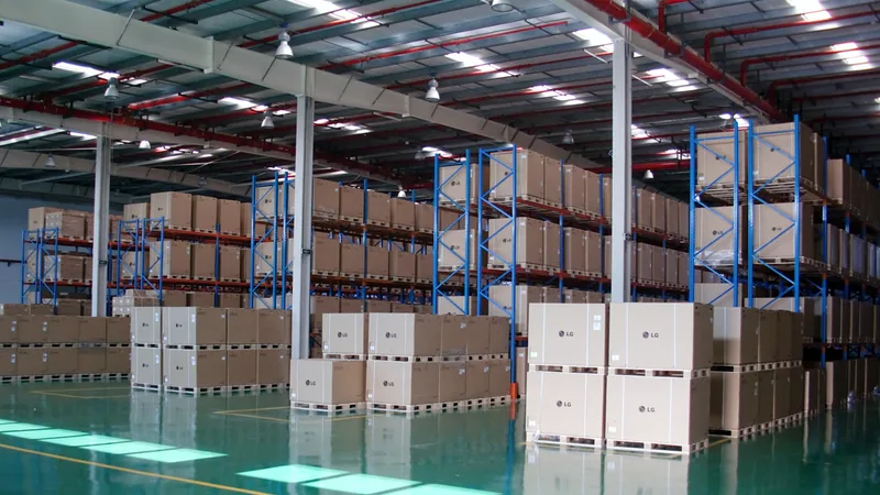 Warehouse storage area with stacked shipping boxes
