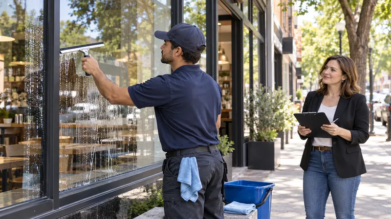 Window-cleaning professional using a squeegee at a storefront while the owner reviews a checklist