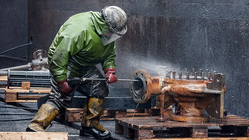 Worker using high-pressure water equipment to clean industrial machinery