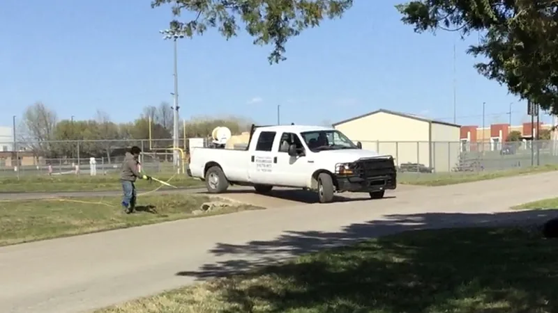 Worker and white service pickup beside a roadside lawn