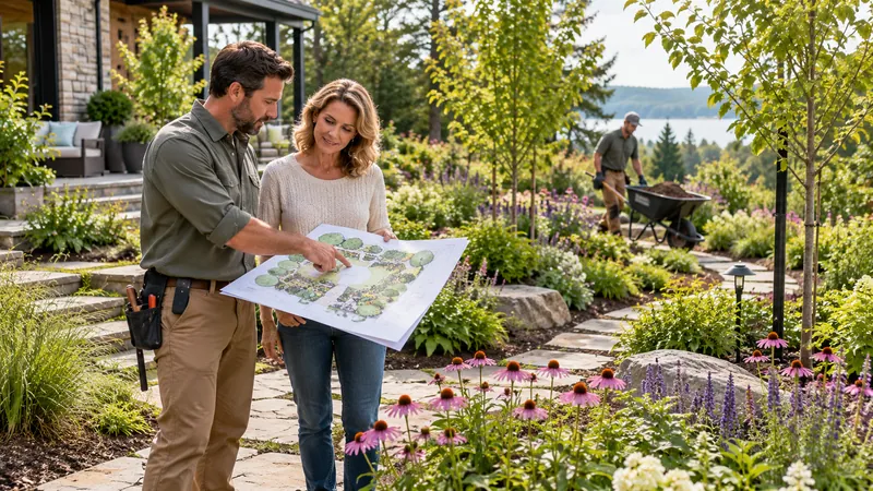 Landscape designer and homeowner reviewing a planting plan in a residential garden