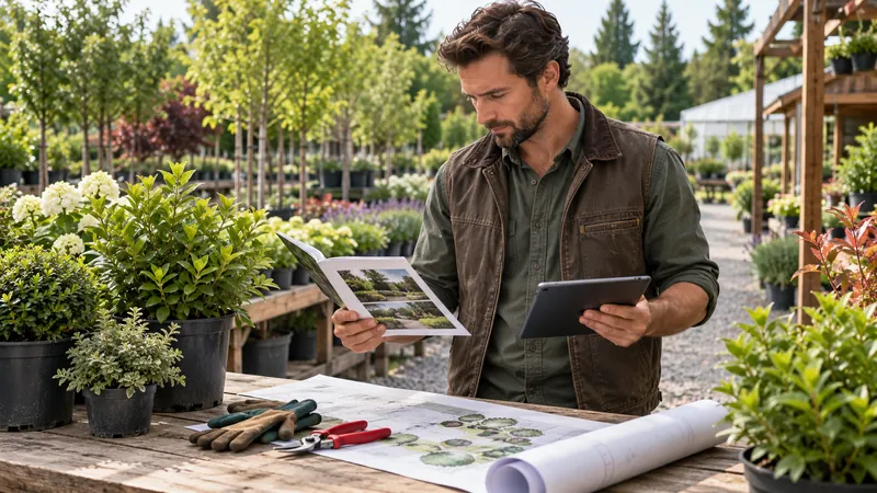 Landscaping founder reviewing a service brochure and tablet at a nursery workbench