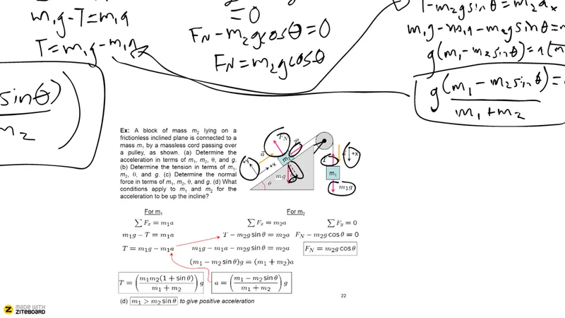 Physics equations and a worked problem diagram