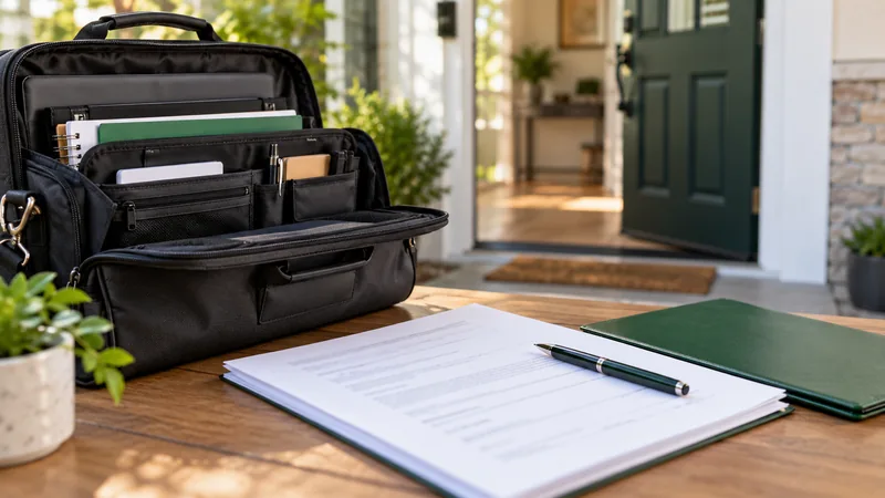 Mobile notary document folder, pen and travel bag on a client table