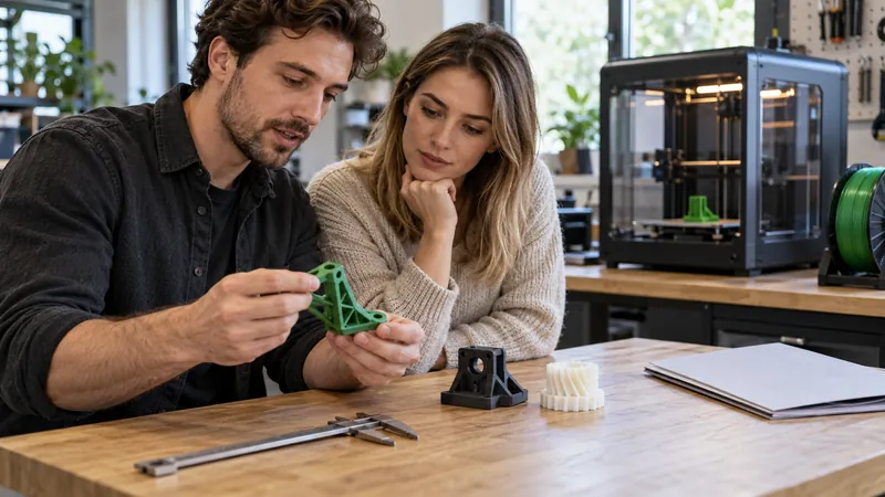 3D printing studio founder showing prototype parts to a client beside an enclosed printer